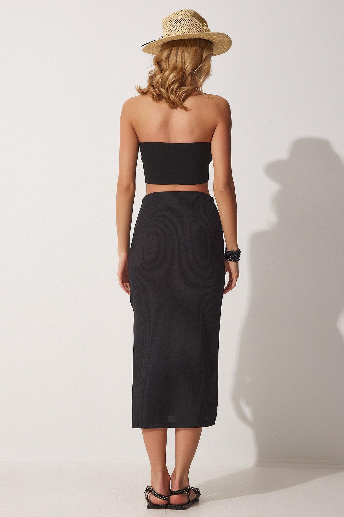 Black Slotted Corduroy Pencil Skirt, , large image number 6