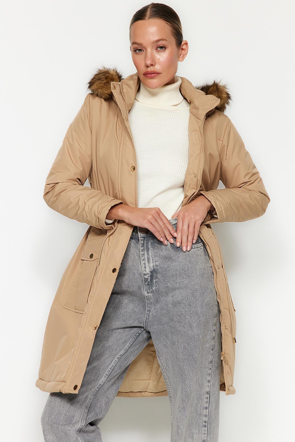 Beige Water-Repellent Long Parka Coat, Beige, large image number 0