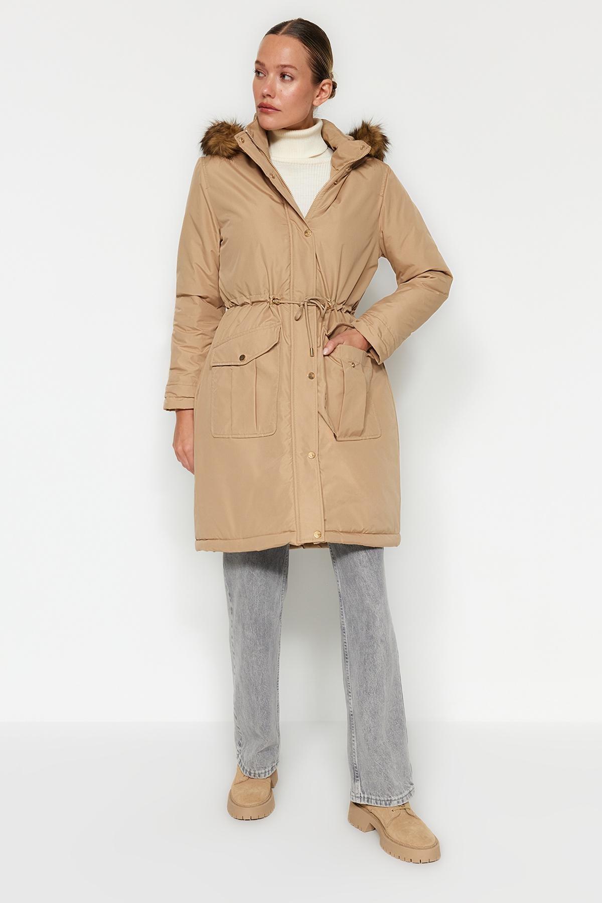Beige Water-Repellent Long Parka Coat, Beige, large image number 1