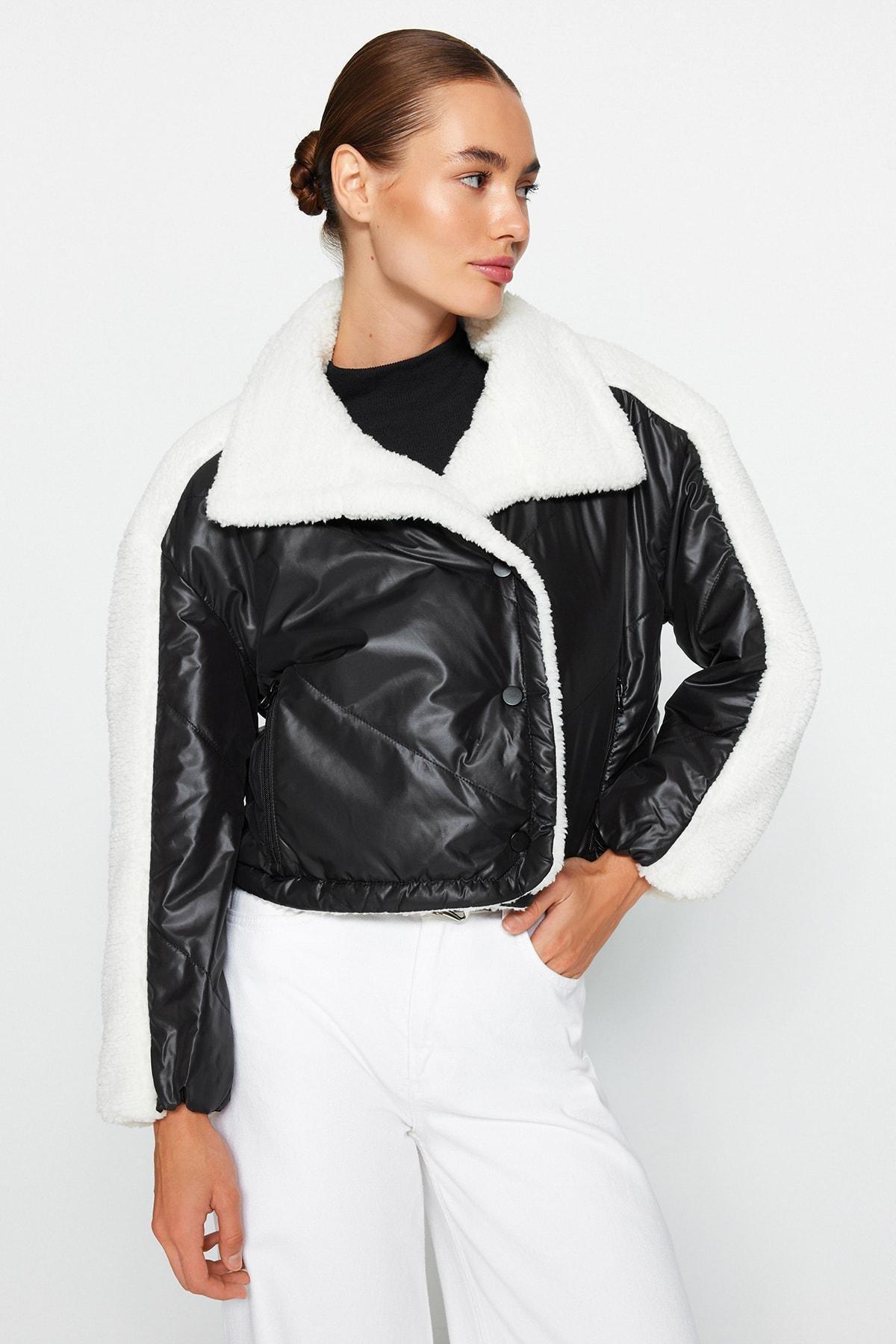 Black Oversized Plush Detailed Puffy Coat, BLACK, large image number 0