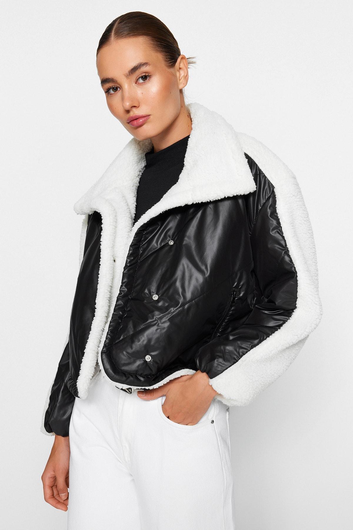 Black Oversized Plush Detailed Puffy Coat, BLACK, large image number 1