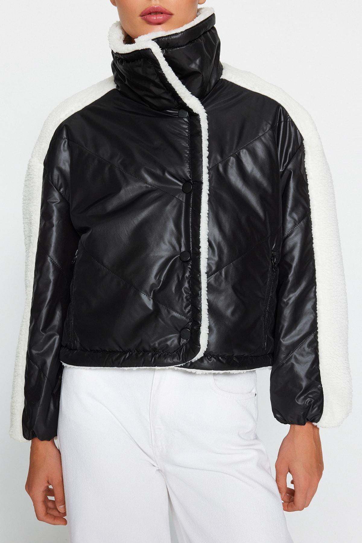 Black Oversized Plush Detailed Puffy Coat, BLACK, large image number 2