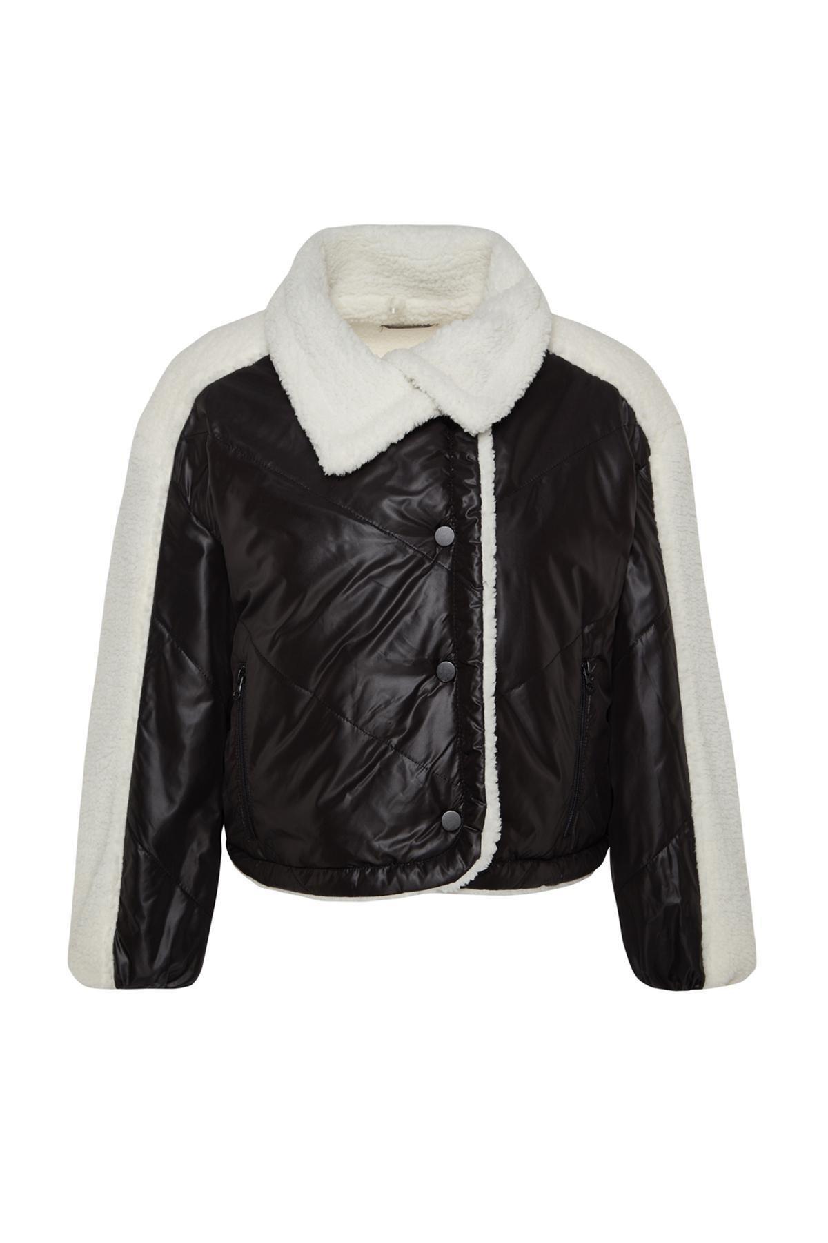 Black Oversized Plush Detailed Puffy Coat, BLACK, large image number 4