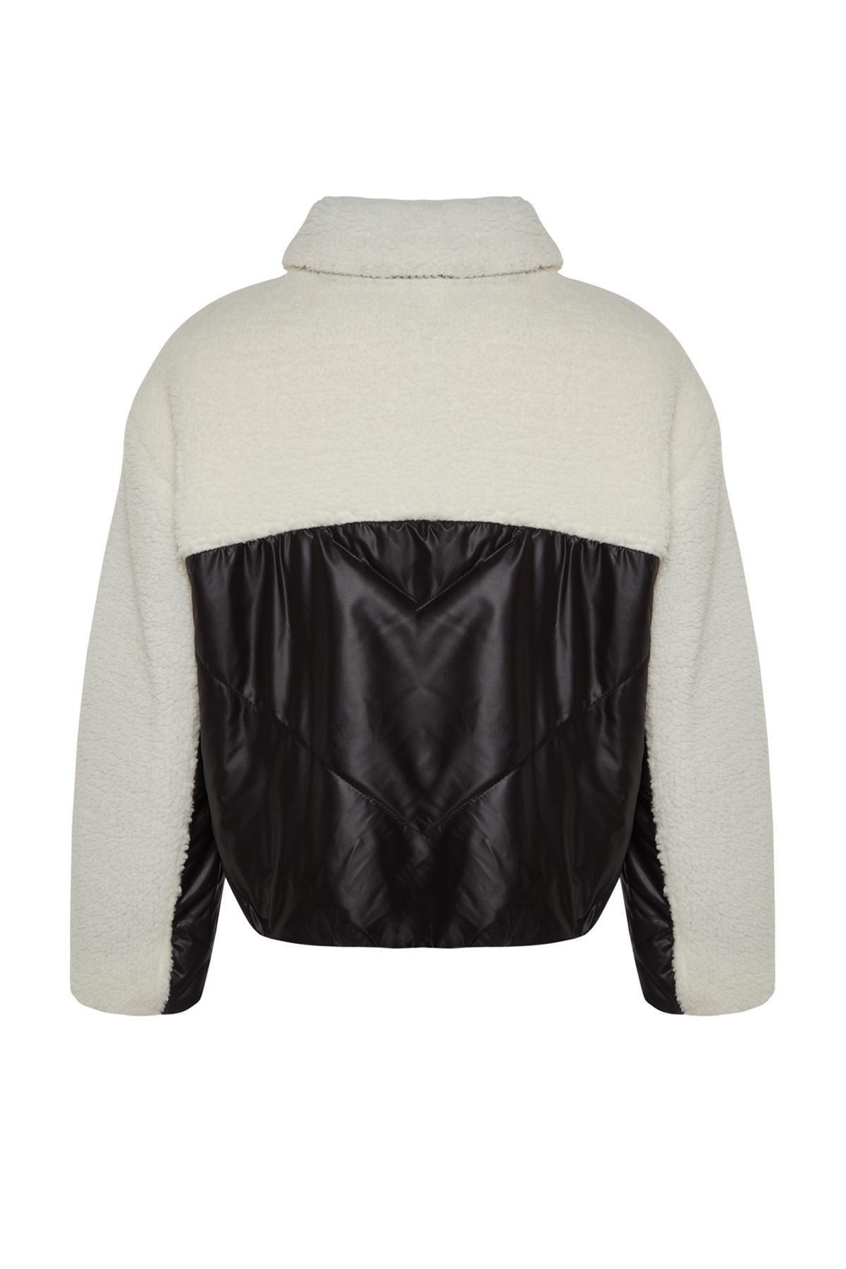 Black Oversized Plush Detailed Puffy Coat, BLACK, large image number 6