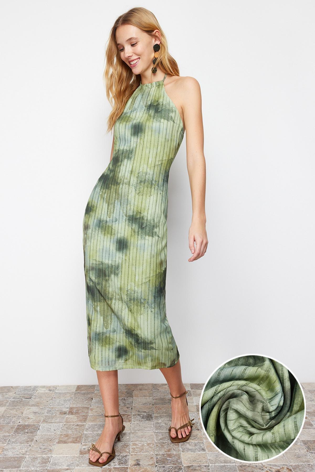 Khaki Halter Neck Textured Midi Dress, , large image number 0