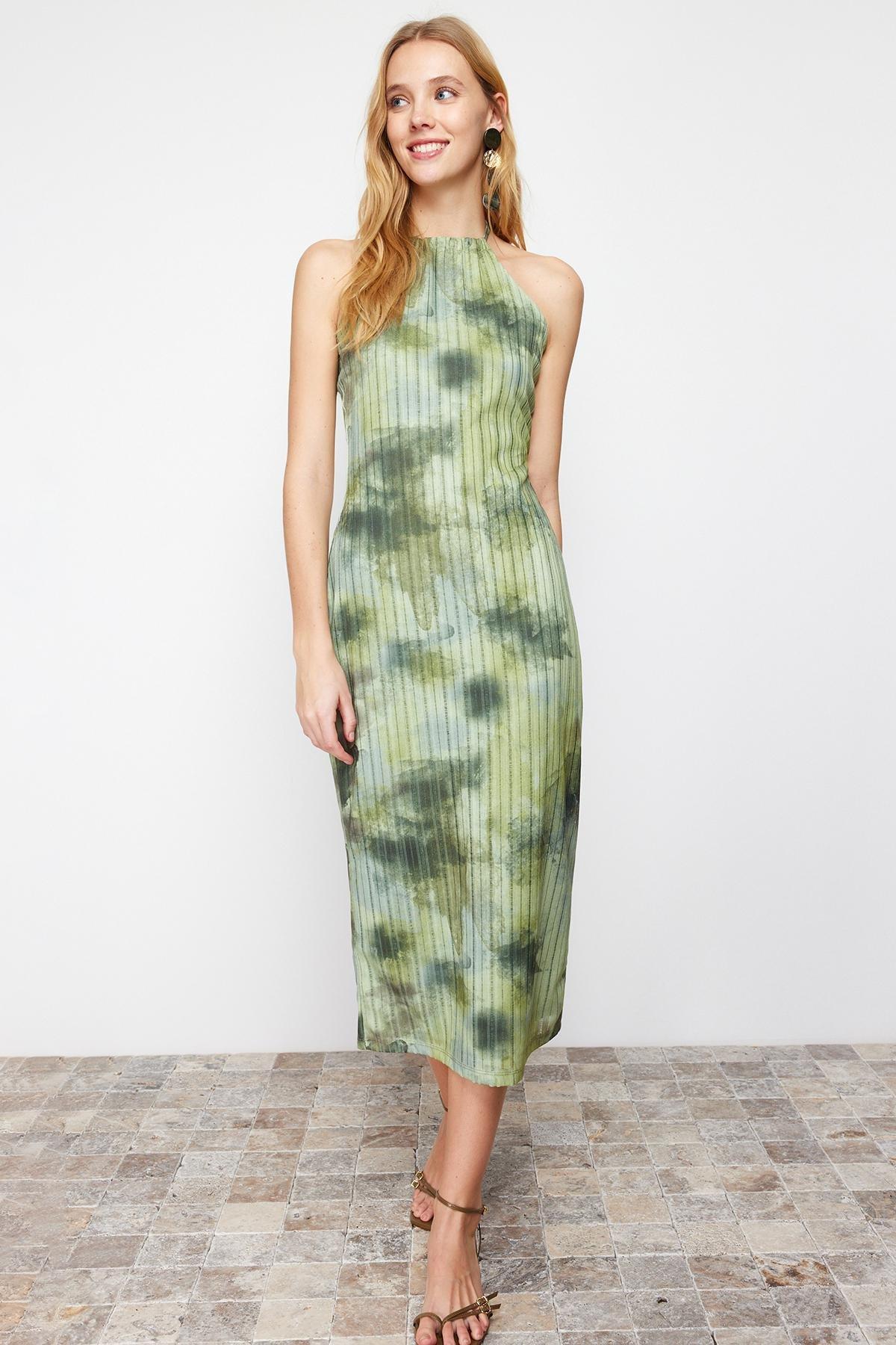 Khaki Halter Neck Textured Midi Dress, , large image number 1