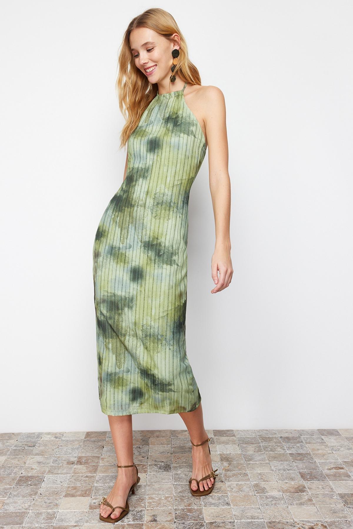 Khaki Halter Neck Textured Midi Dress, , large image number 2