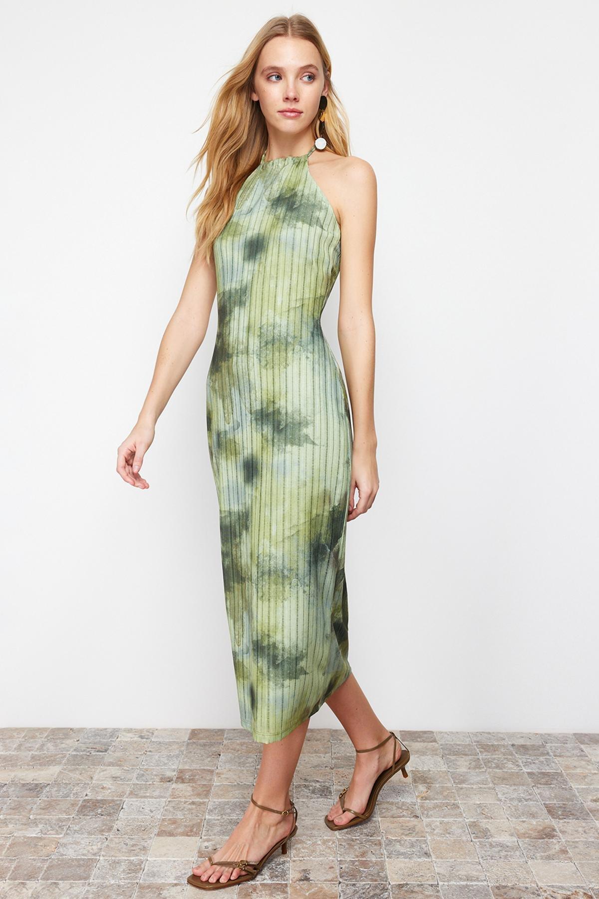Khaki Halter Neck Textured Midi Dress, , large image number 3