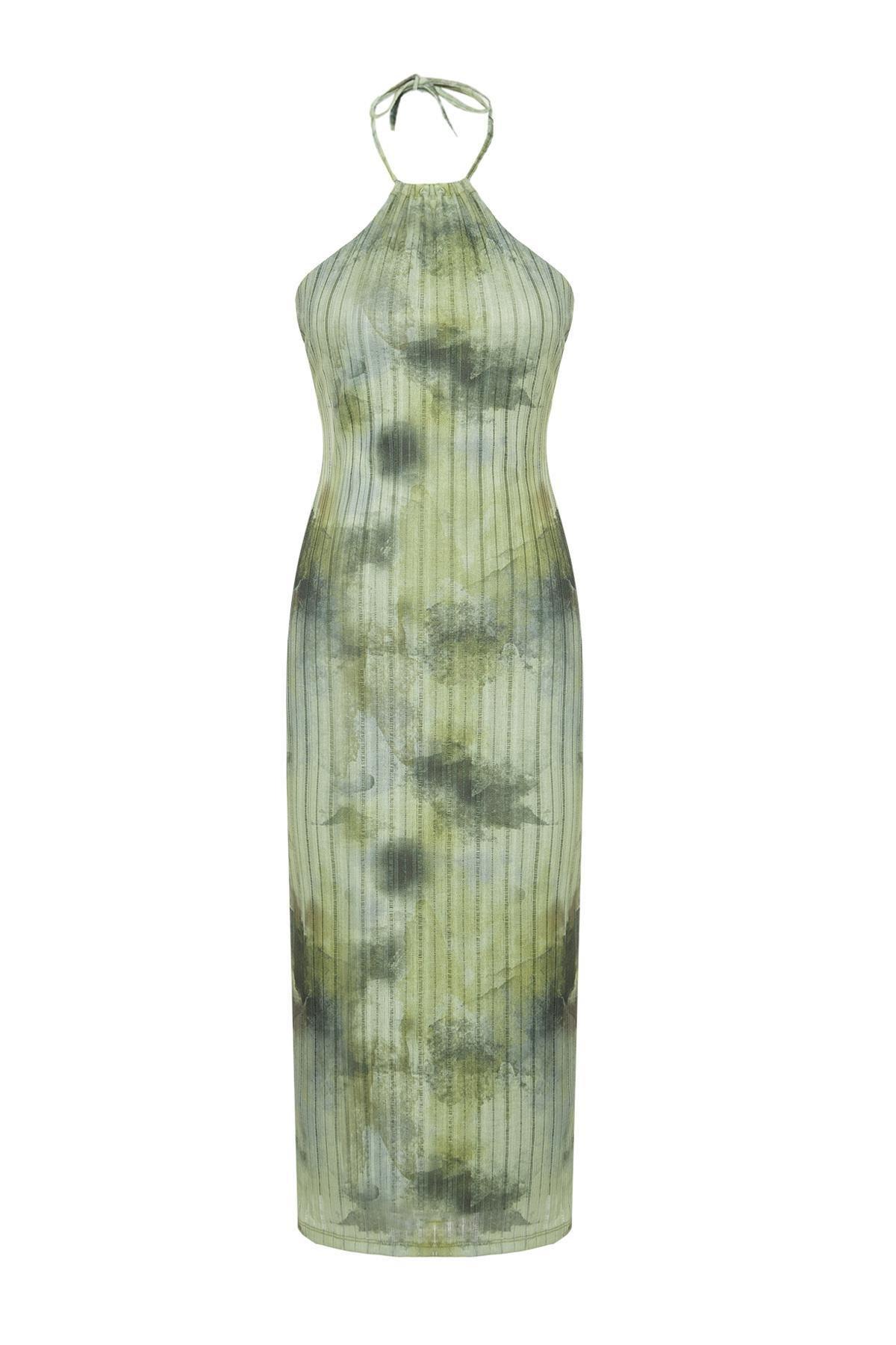 Khaki Halter Neck Textured Midi Dress, , large image number 5