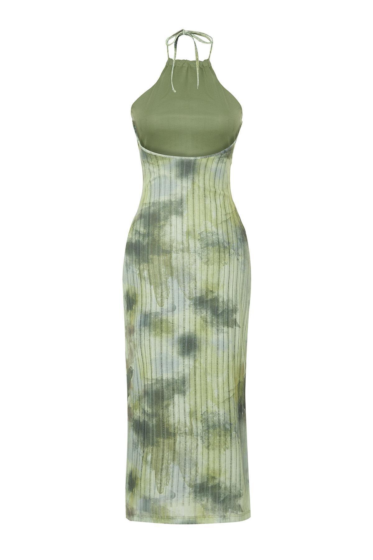 Khaki Halter Neck Textured Midi Dress, , large image number 6