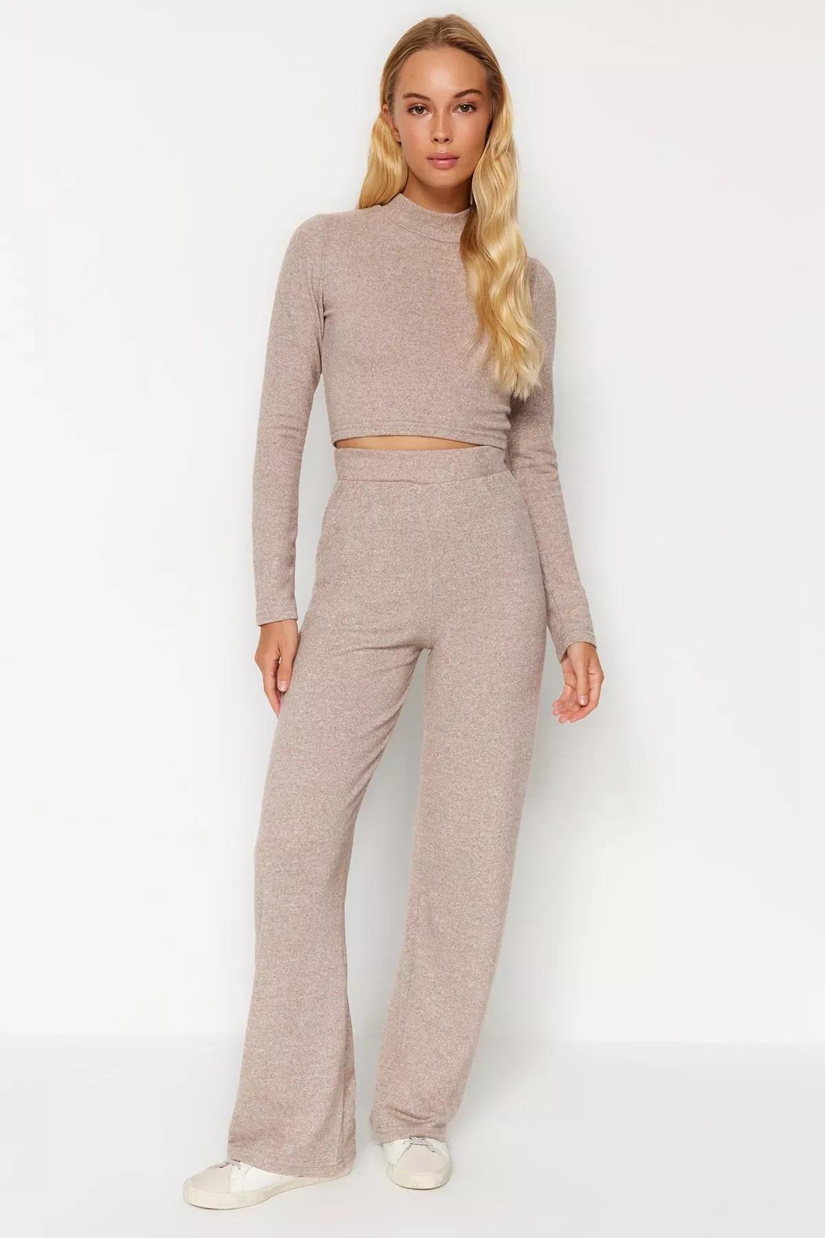 Beige Stand-Up Collar Knitted Co-Ord Set, Beige, large image number 3