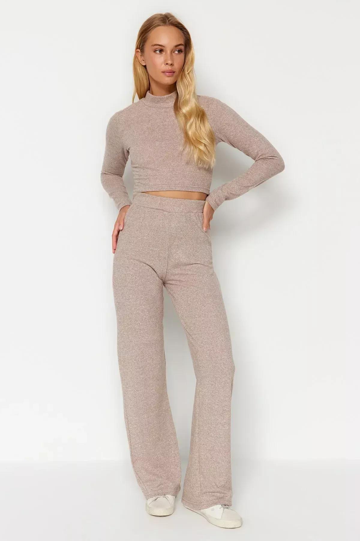 Beige Stand-Up Collar Knitted Co-Ord Set, Beige, large image number 4