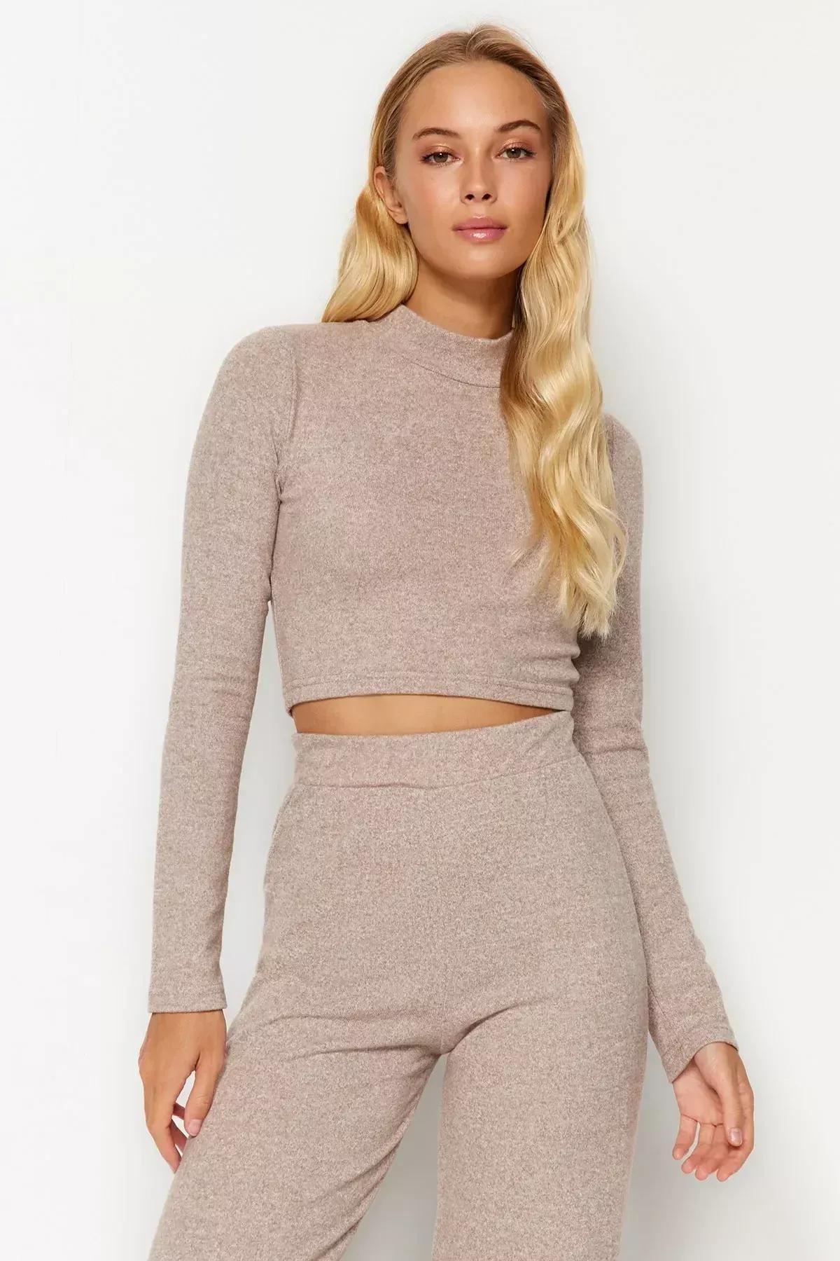 Beige Stand-Up Collar Knitted Co-Ord Set, Beige, large image number 5