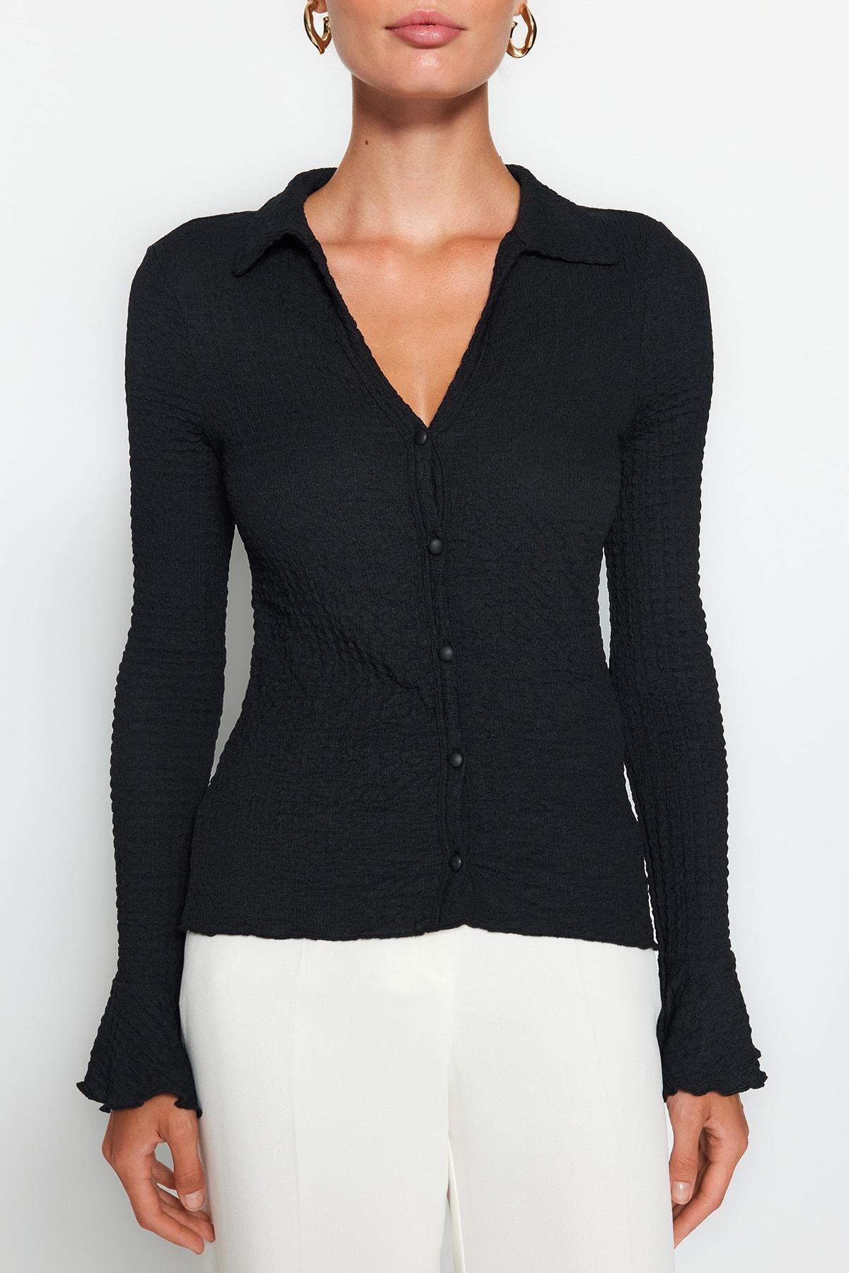 Black Premium Spanish Sleeve Stretch Knitted Shirt, , large image number 1