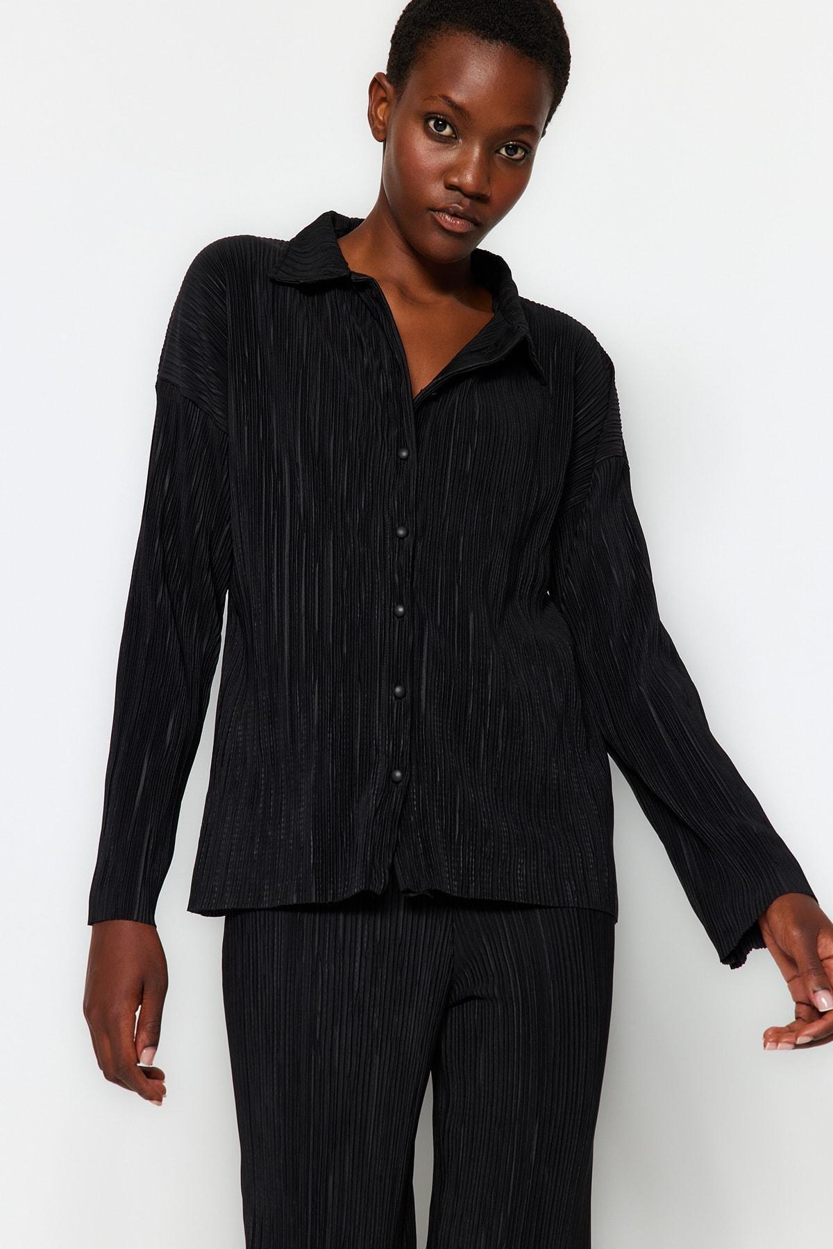 Black Pleated Buttoned Knitted Co-Ord Set, BLACK, large image number 3