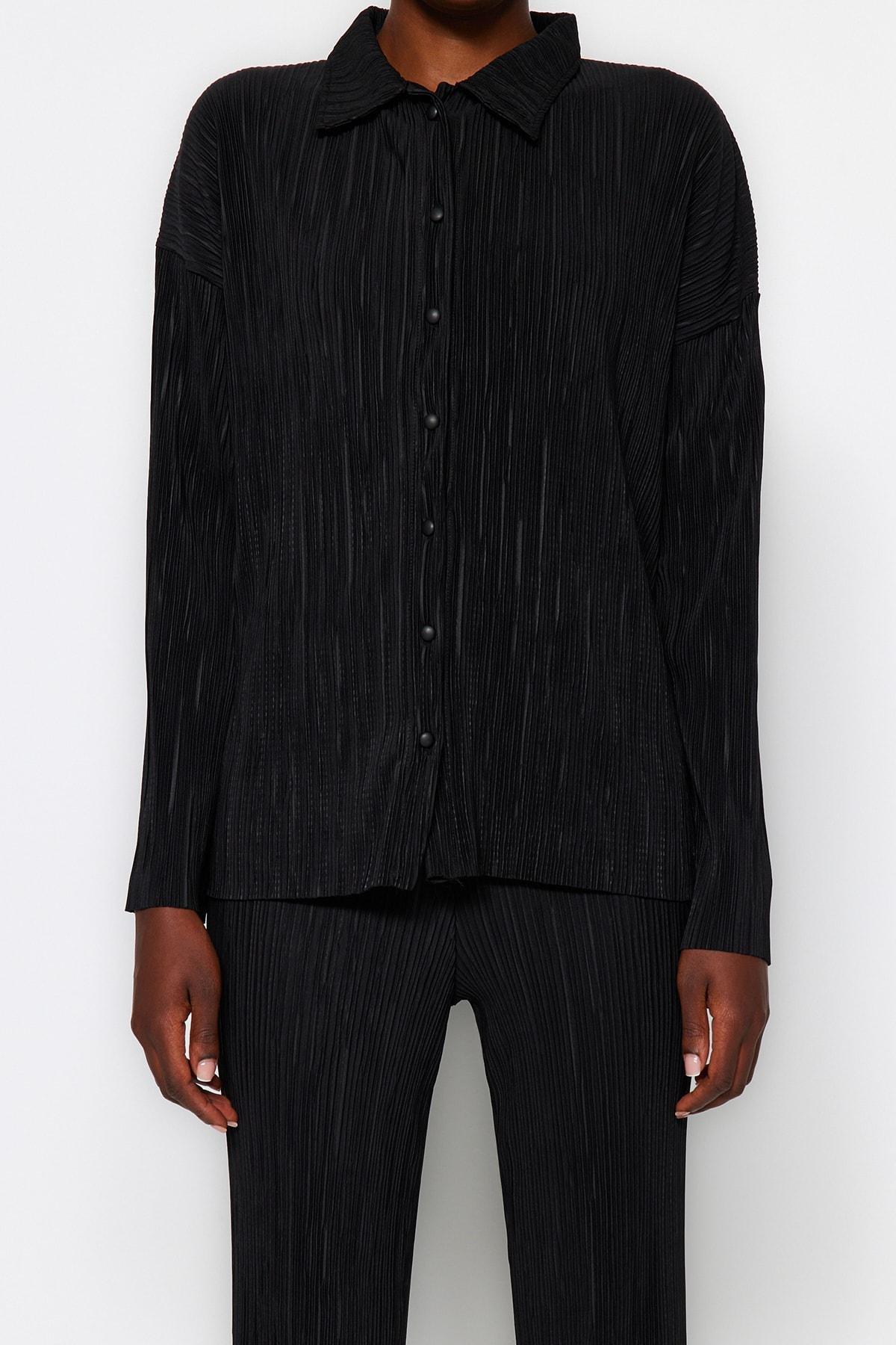 Black Pleated Buttoned Knitted Co-Ord Set, BLACK, large image number 4