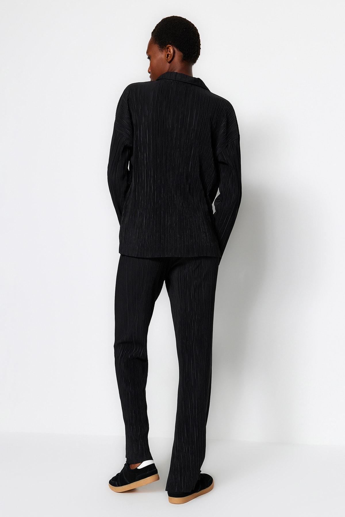 Black Pleated Buttoned Knitted Co-Ord Set, BLACK, large image number 6