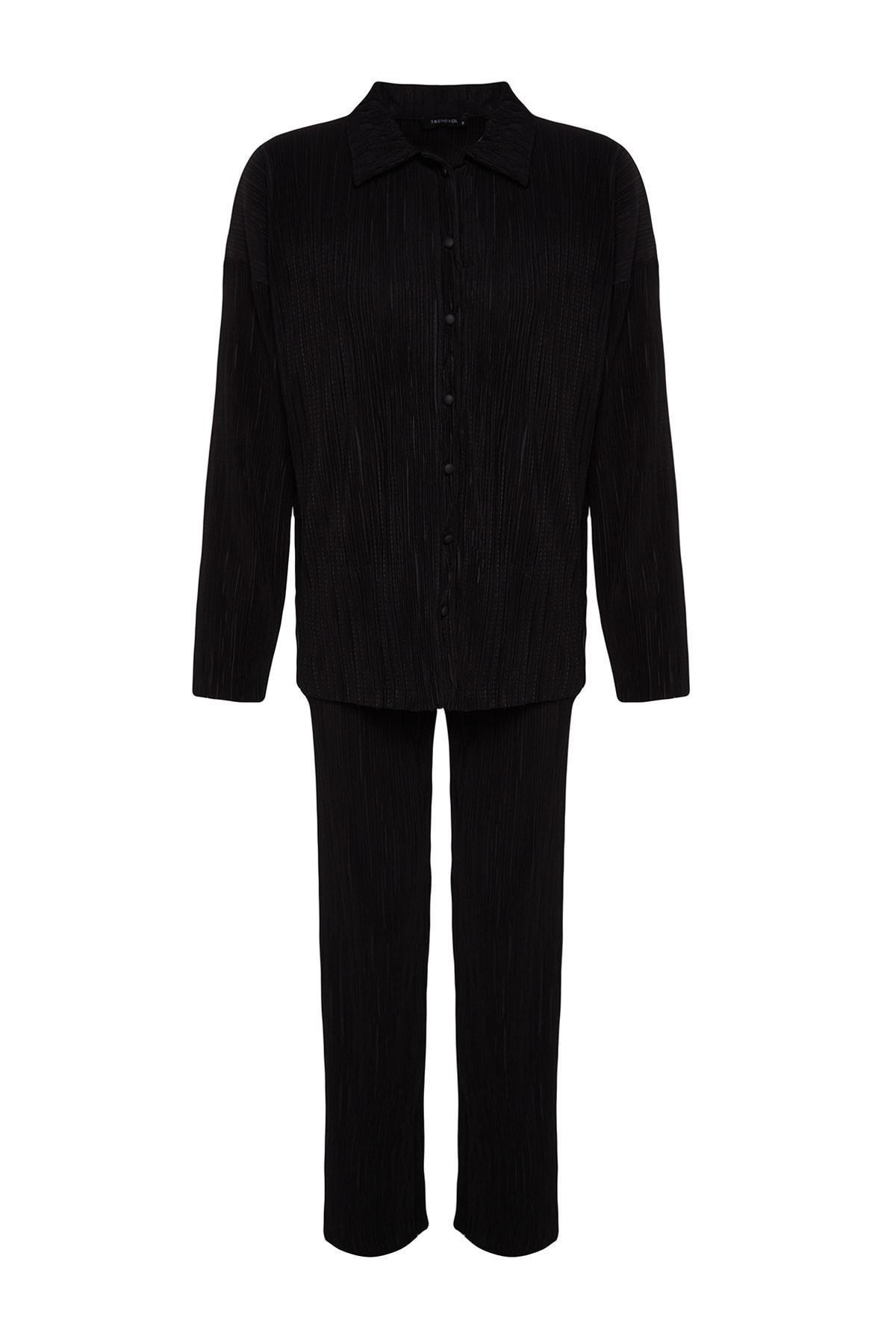 Black Pleated Buttoned Knitted Co-Ord Set, BLACK, large image number 7