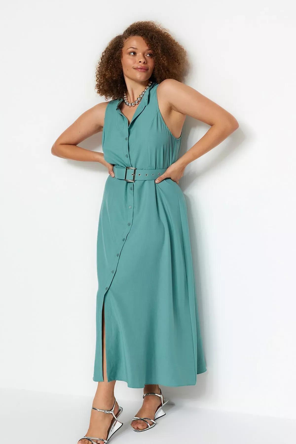 Green Belted Woven Shirt Dress, Mint, large image number 1