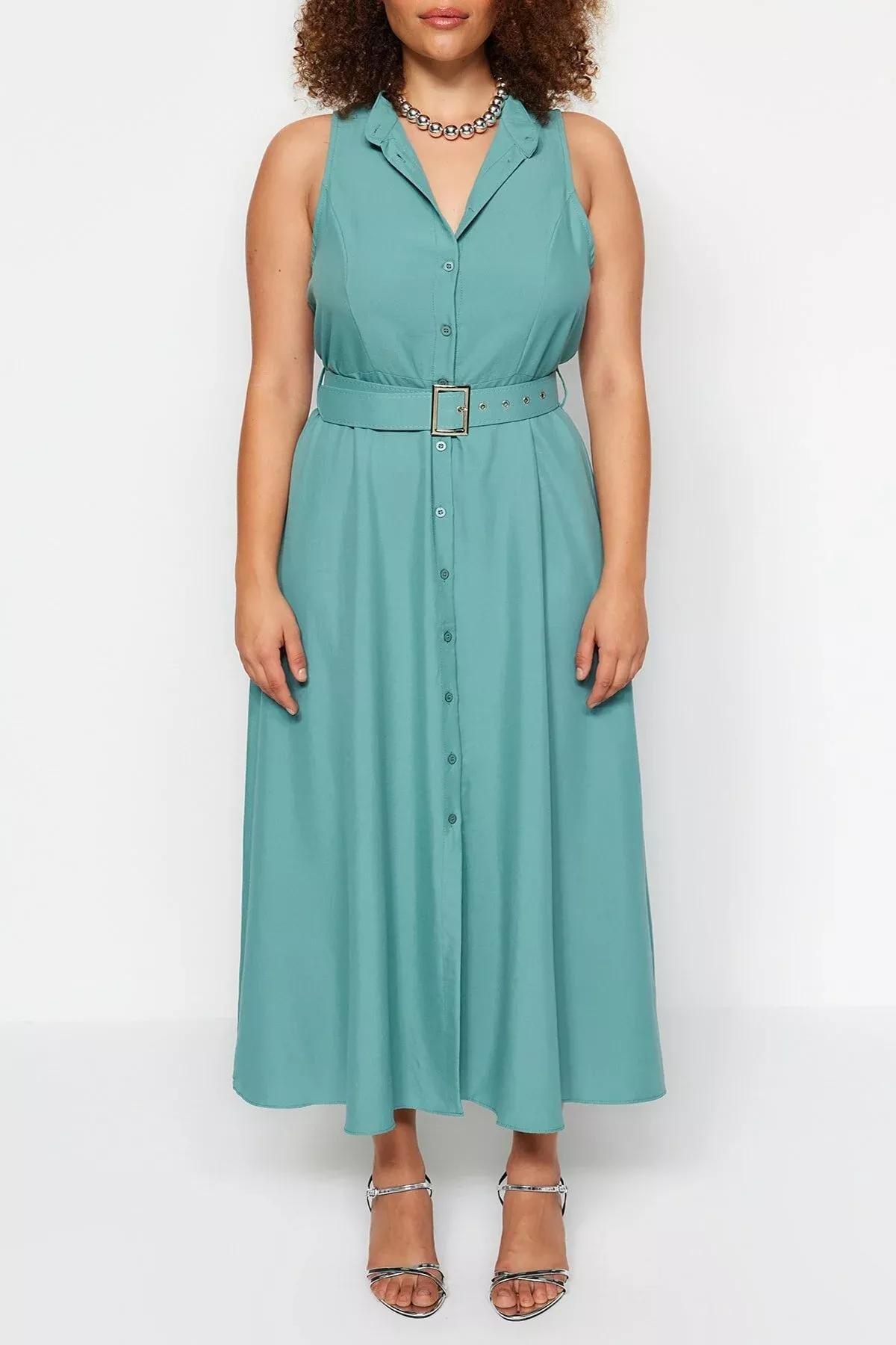 Green Belted Woven Shirt Dress, Mint, large image number 2