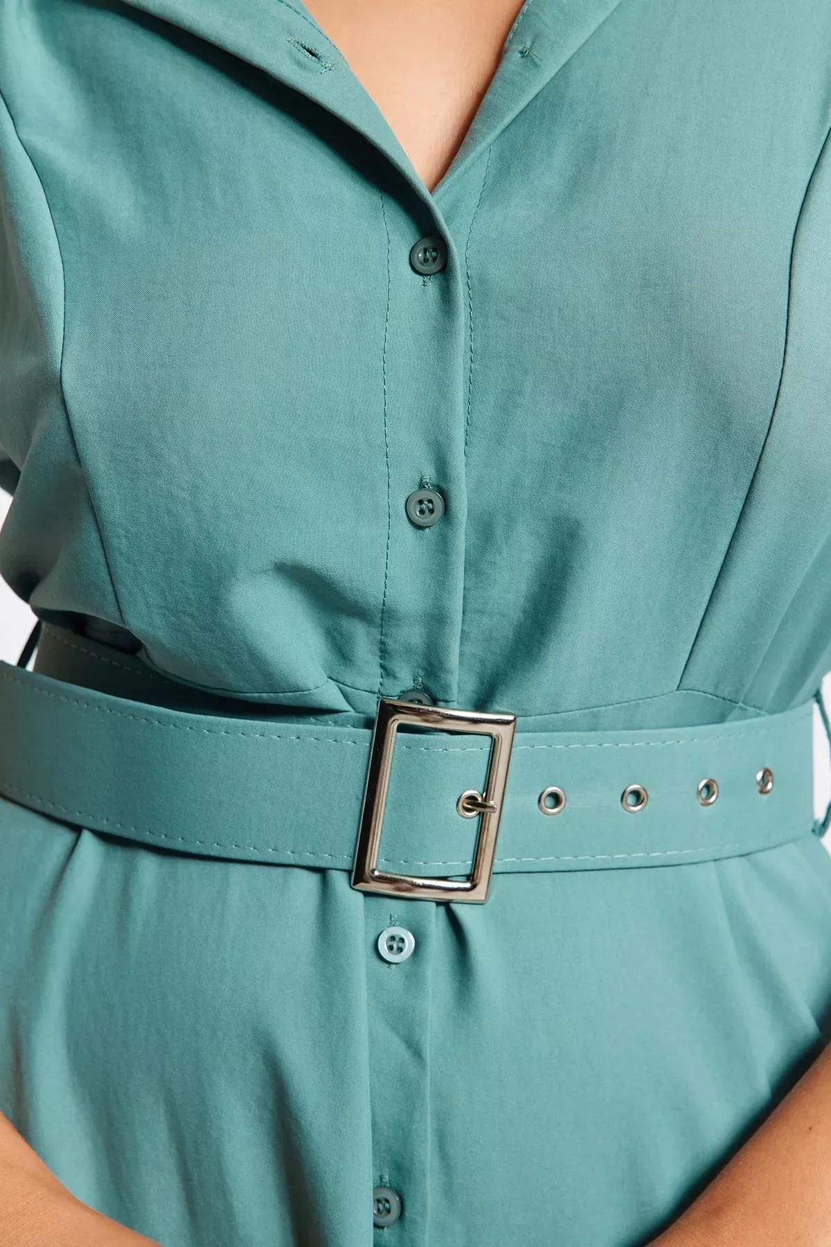 Green Belted Woven Shirt Dress, Mint, large image number 3