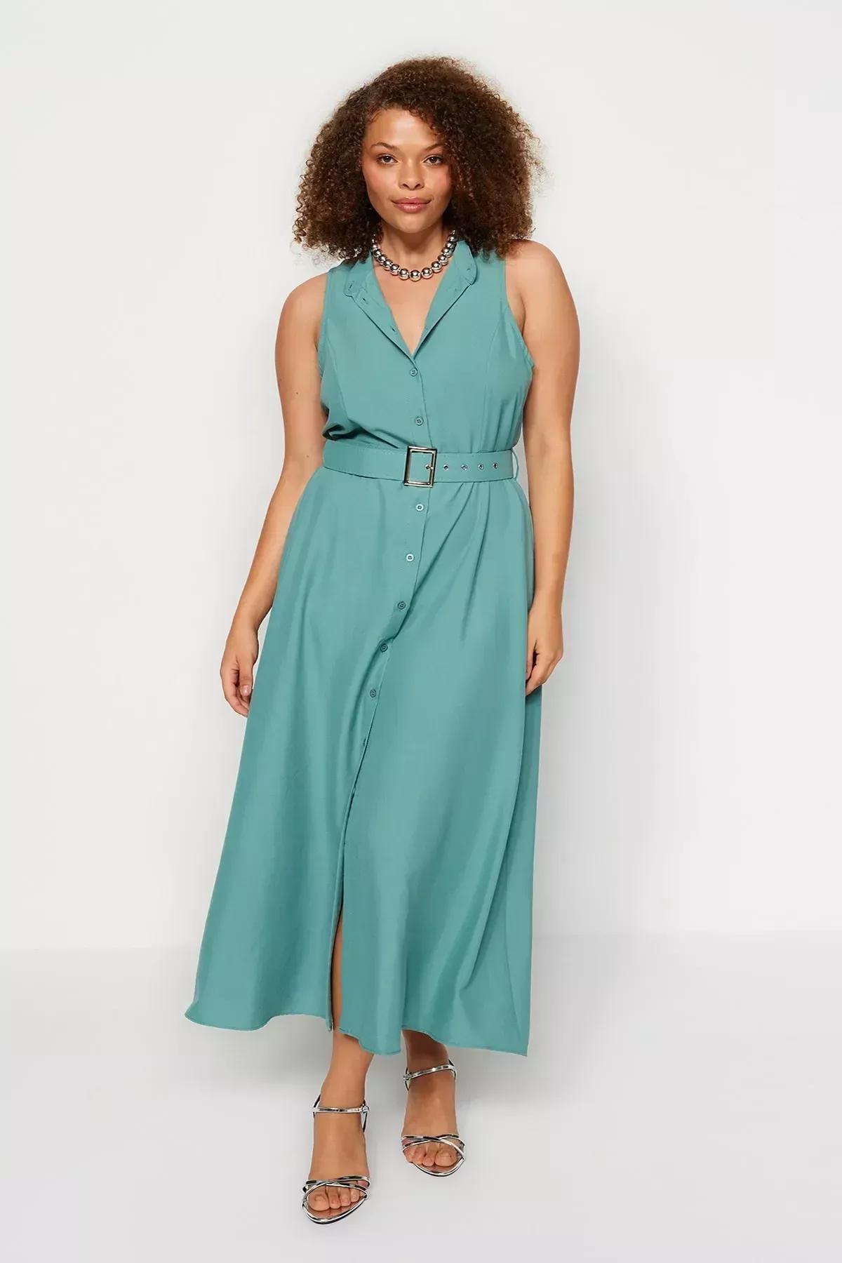 Green Belted Woven Shirt Dress, Mint, large image number 4