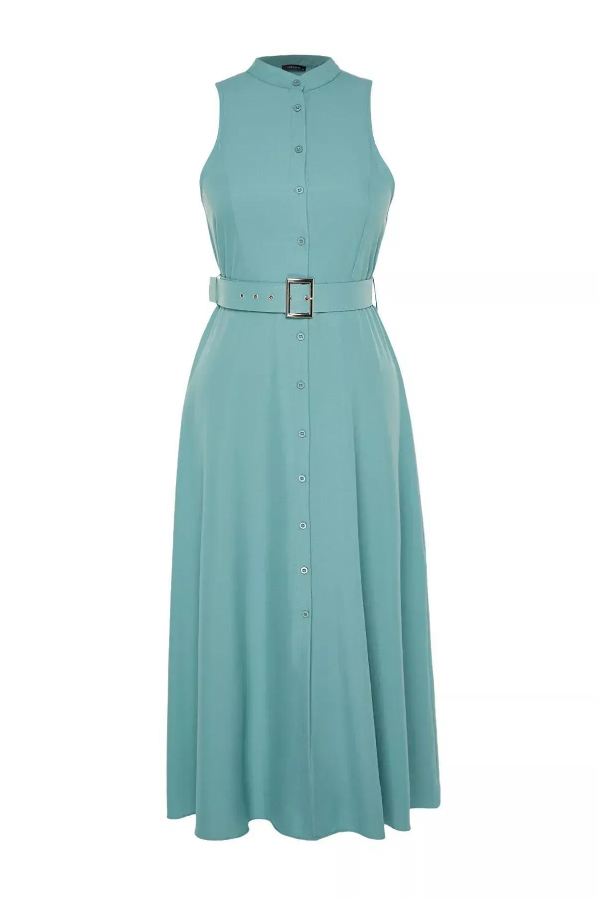 Green Belted Woven Shirt Dress, Mint, large image number 5