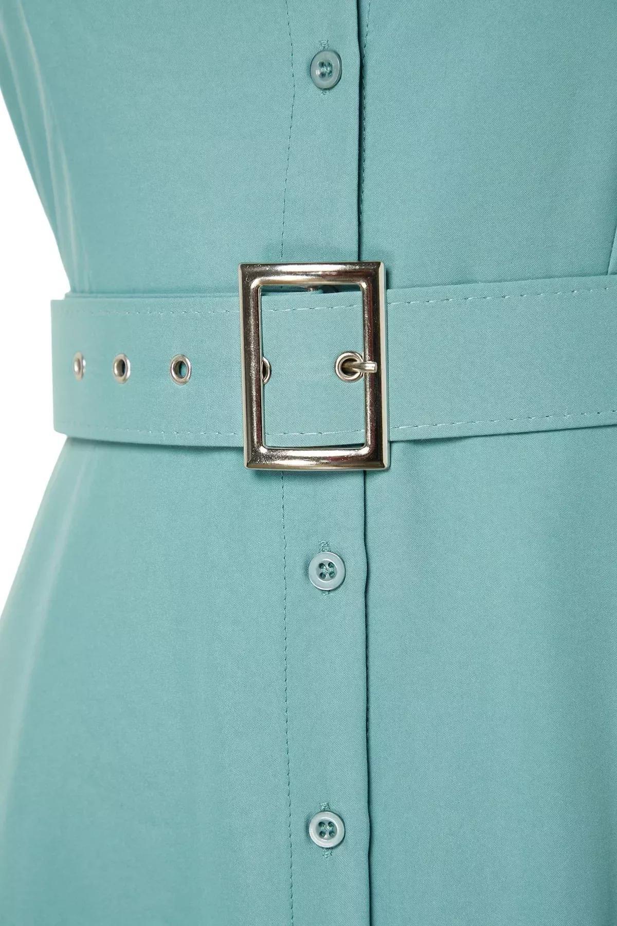 Green Belted Woven Shirt Dress, Mint, large image number 6