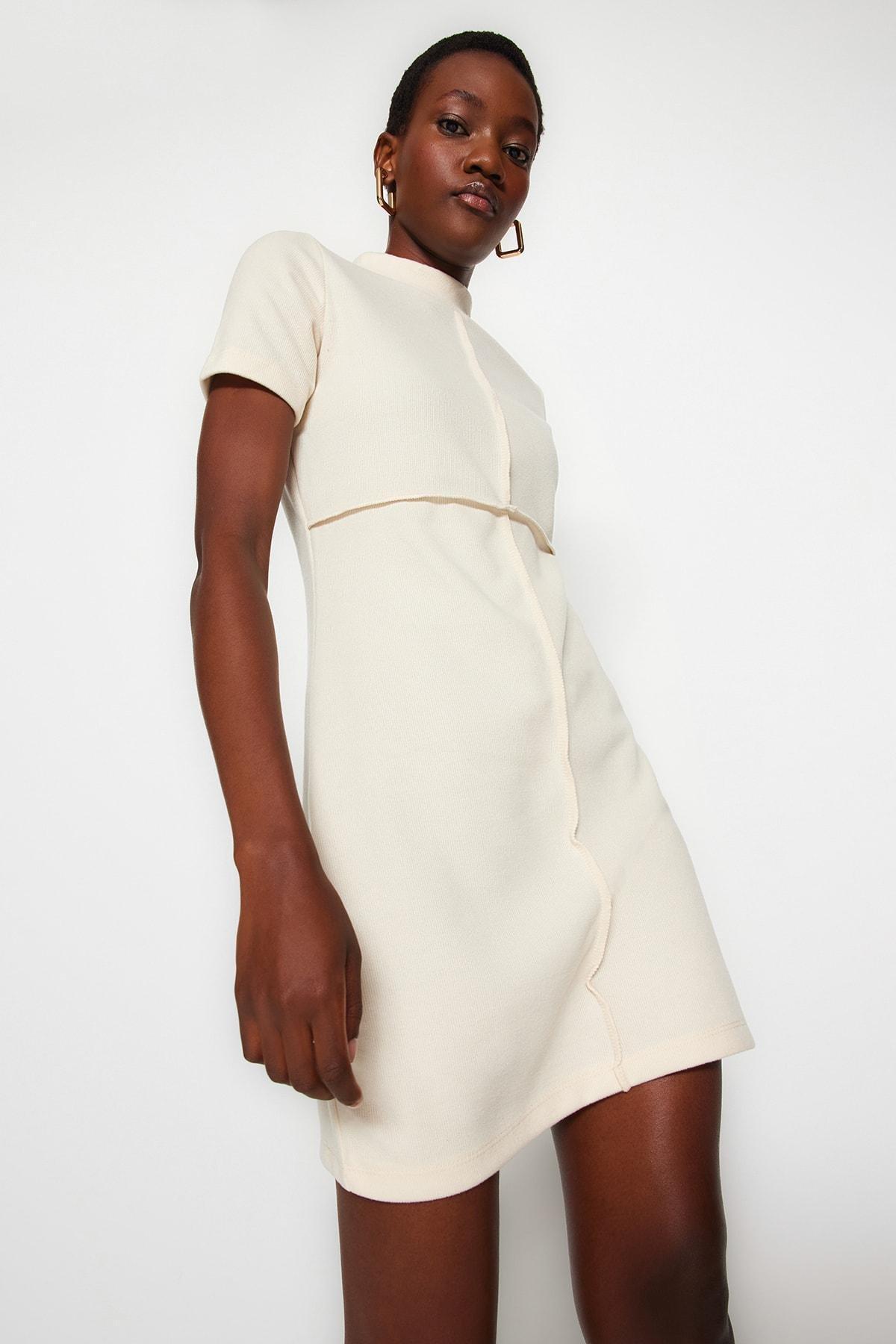 Beige Formal Knitted Mini Dress, , large image number 2