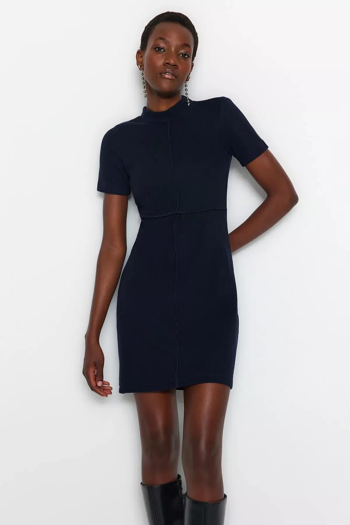 Navy A-Line Mini Knitted Dress, Navy blue, large image number 1