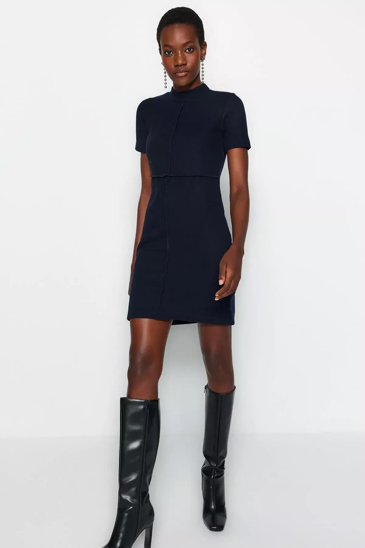 Navy A-Line Mini Knitted Dress, Navy blue, large image number 2