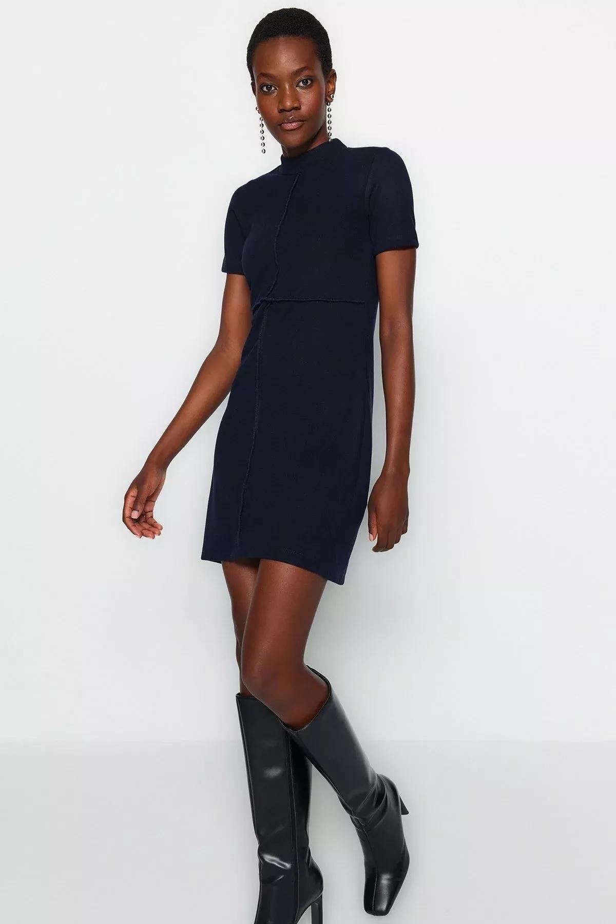 Navy A-Line Mini Knitted Dress, Navy blue, large image number 3