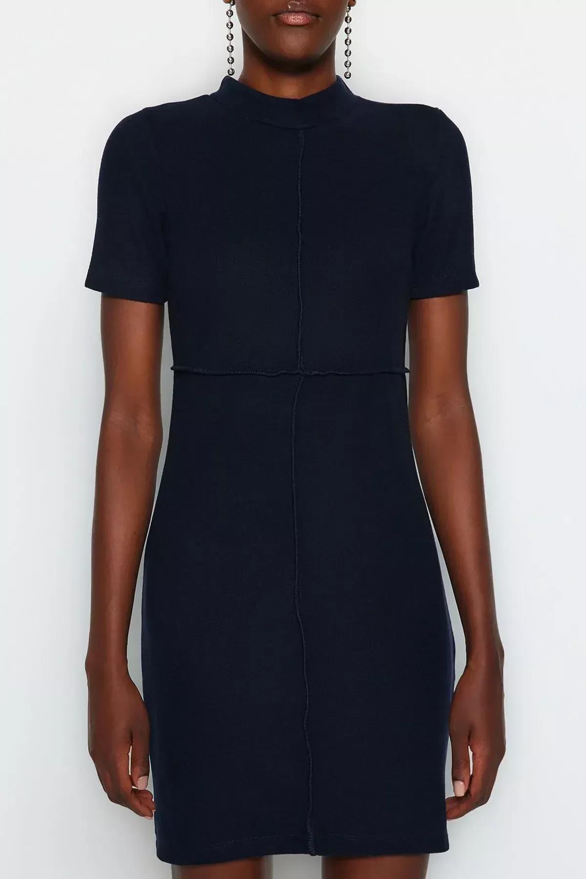 Navy A-Line Mini Knitted Dress, Navy blue, large image number 4