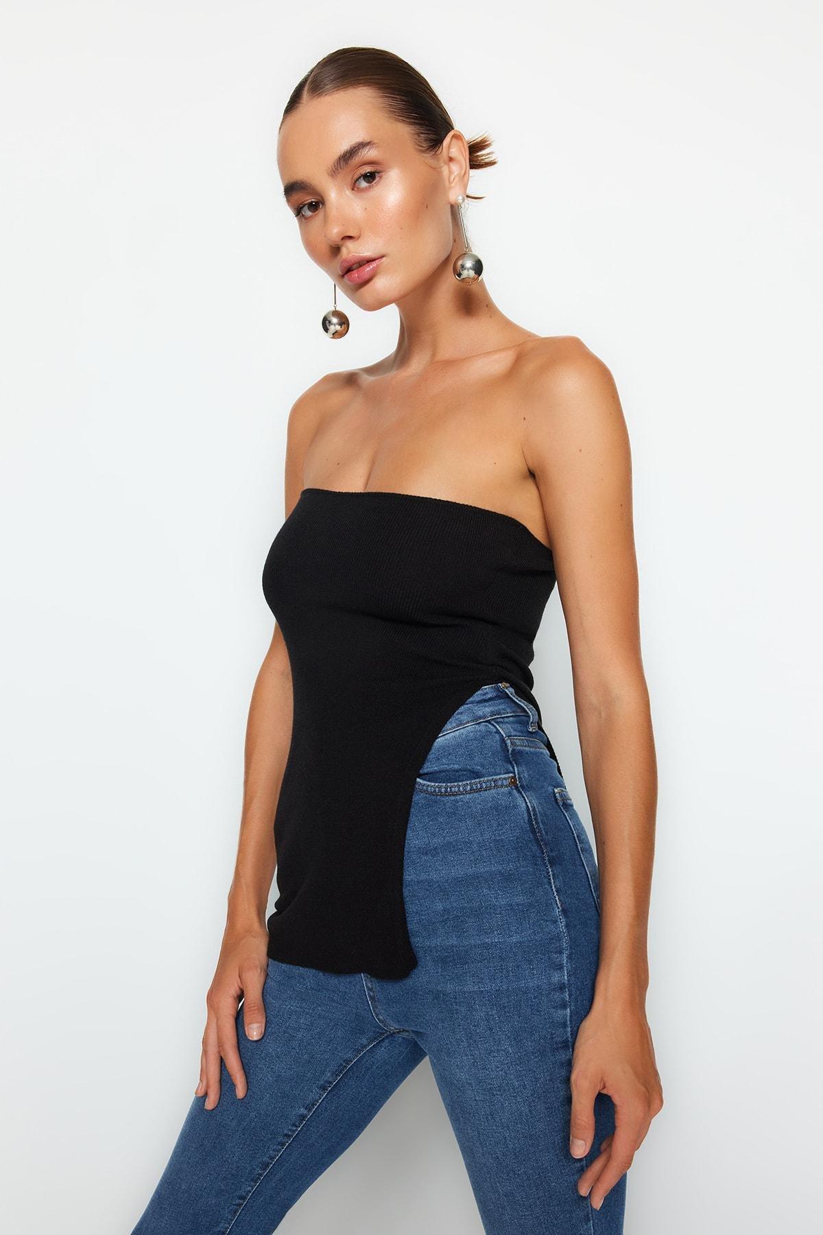 Black Strapless Detailed Blouse, , large image number 0