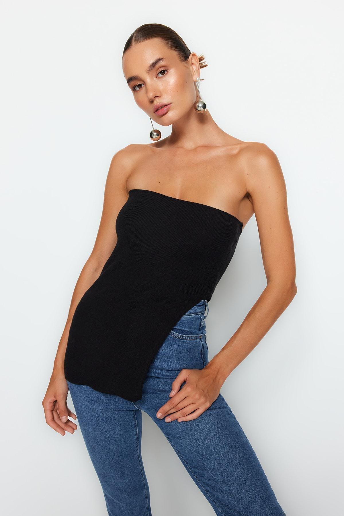 Black Strapless Detailed Blouse, , large image number 1