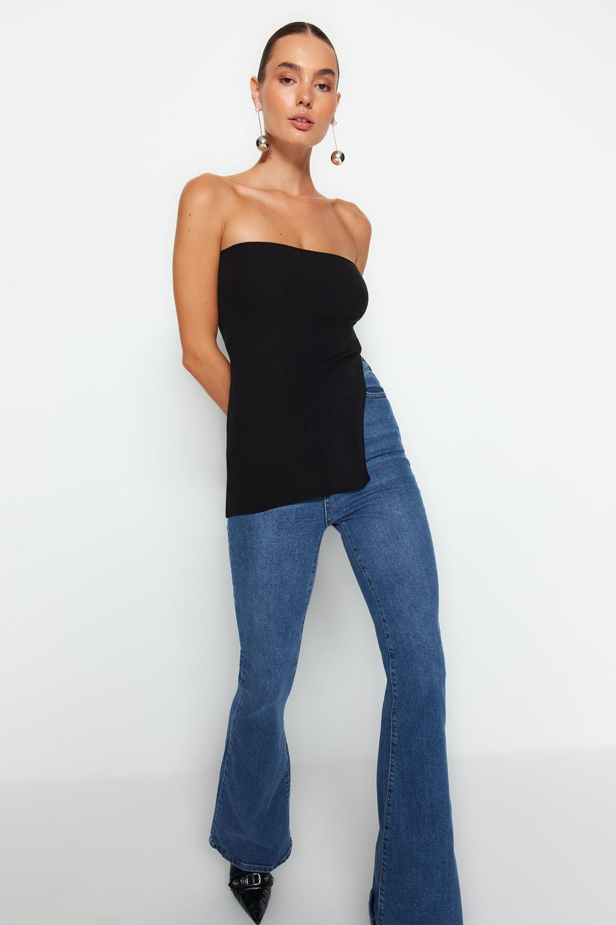 Black Strapless Detailed Blouse, , large image number 2