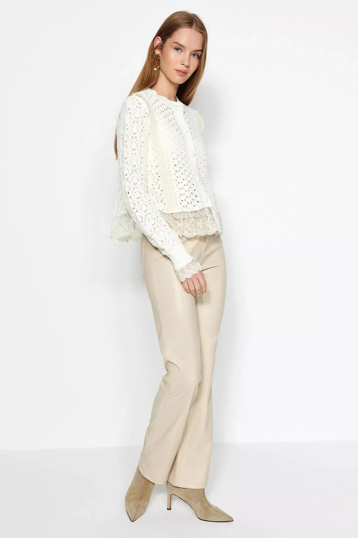 White Crop Ruched Knitwear, Ecru, large image number 1