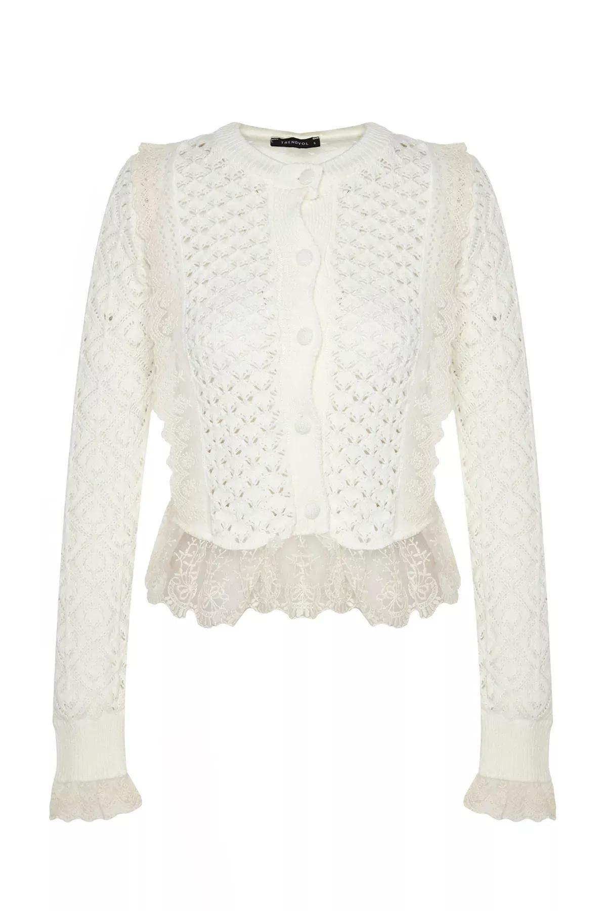 White Crop Ruched Knitwear, Ecru, large image number 5