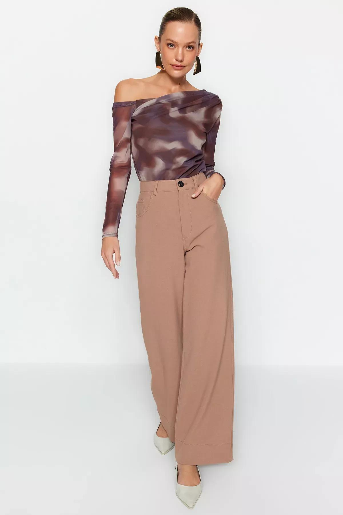 Brown Tulle Lined Asymmetrical Collar Blouse, Brown, large image number 1