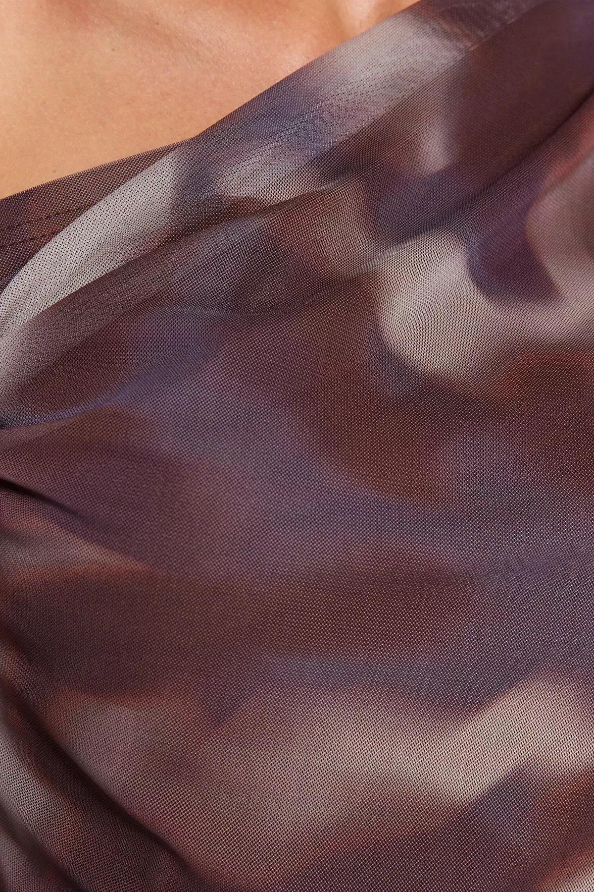 Brown Tulle Lined Asymmetrical Collar Blouse, Brown, large image number 4