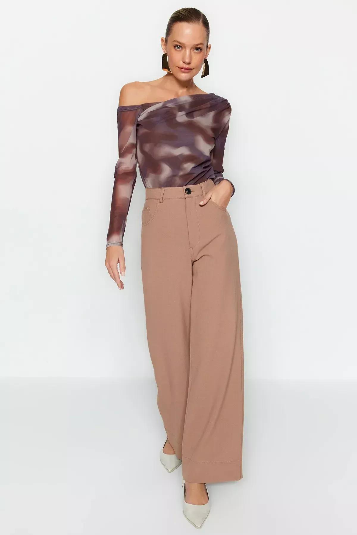 Brown Tulle Lined Asymmetrical Collar Blouse, Brown, large image number 5