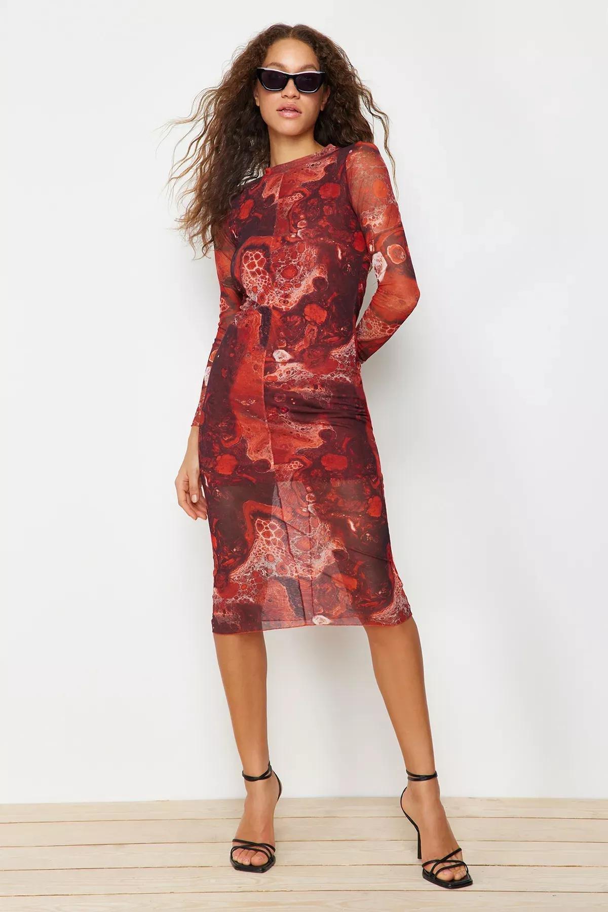 Brown Printed Knitted Midi Dress, Brown, large image number 0