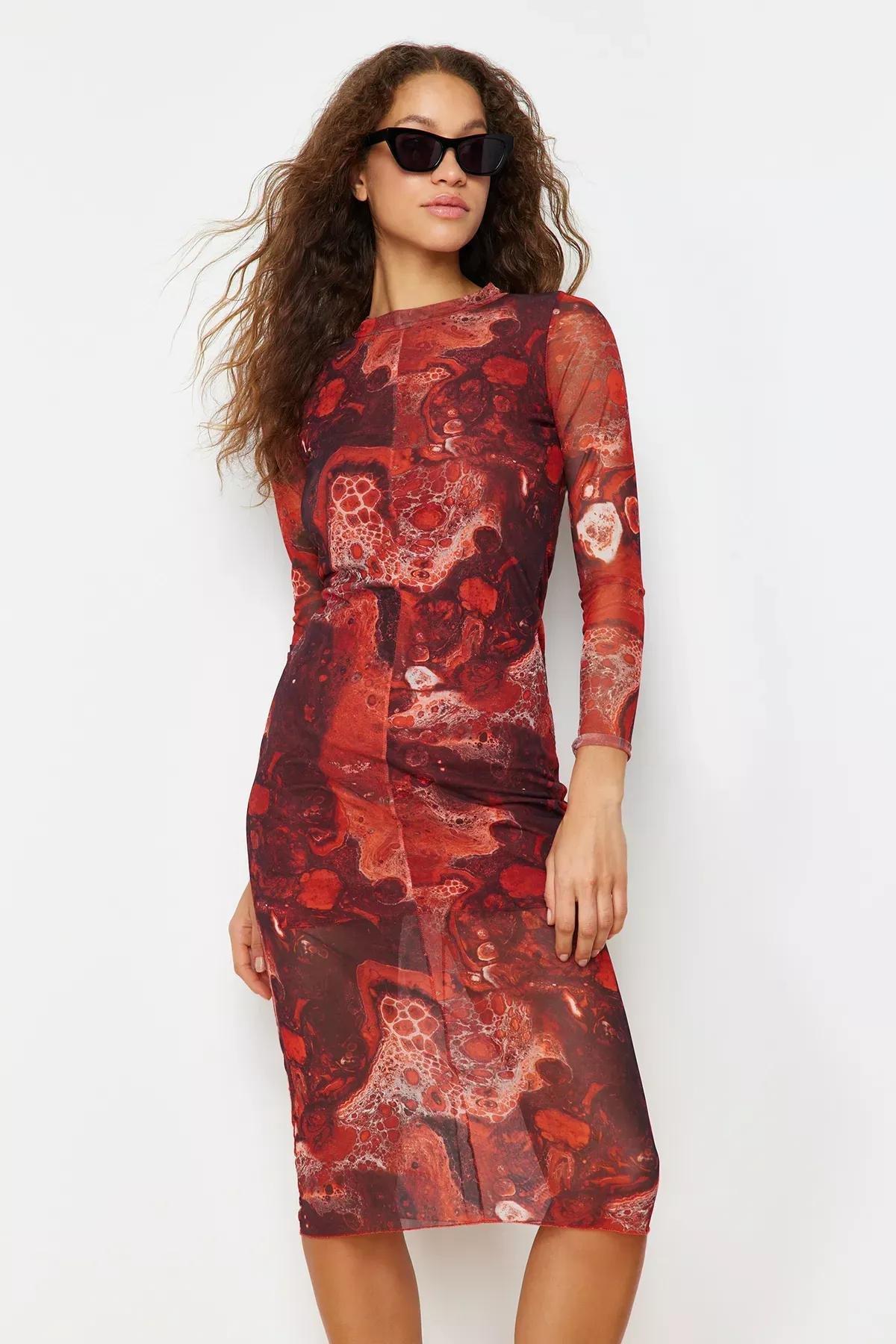 Brown Printed Knitted Midi Dress, Brown, large image number 1