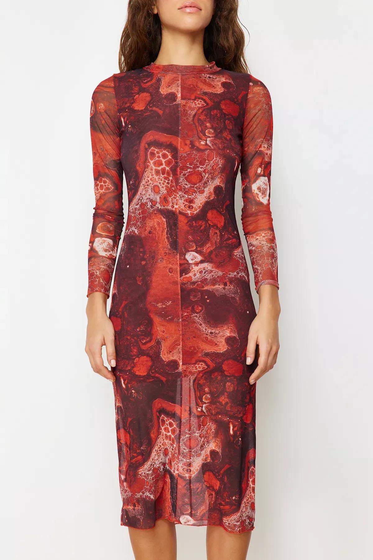 Brown Printed Knitted Midi Dress, Brown, large image number 3