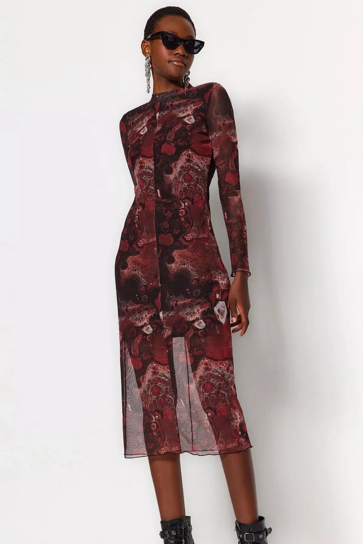 Brown Printed Knitted Midi Dress, Brown, large image number 5