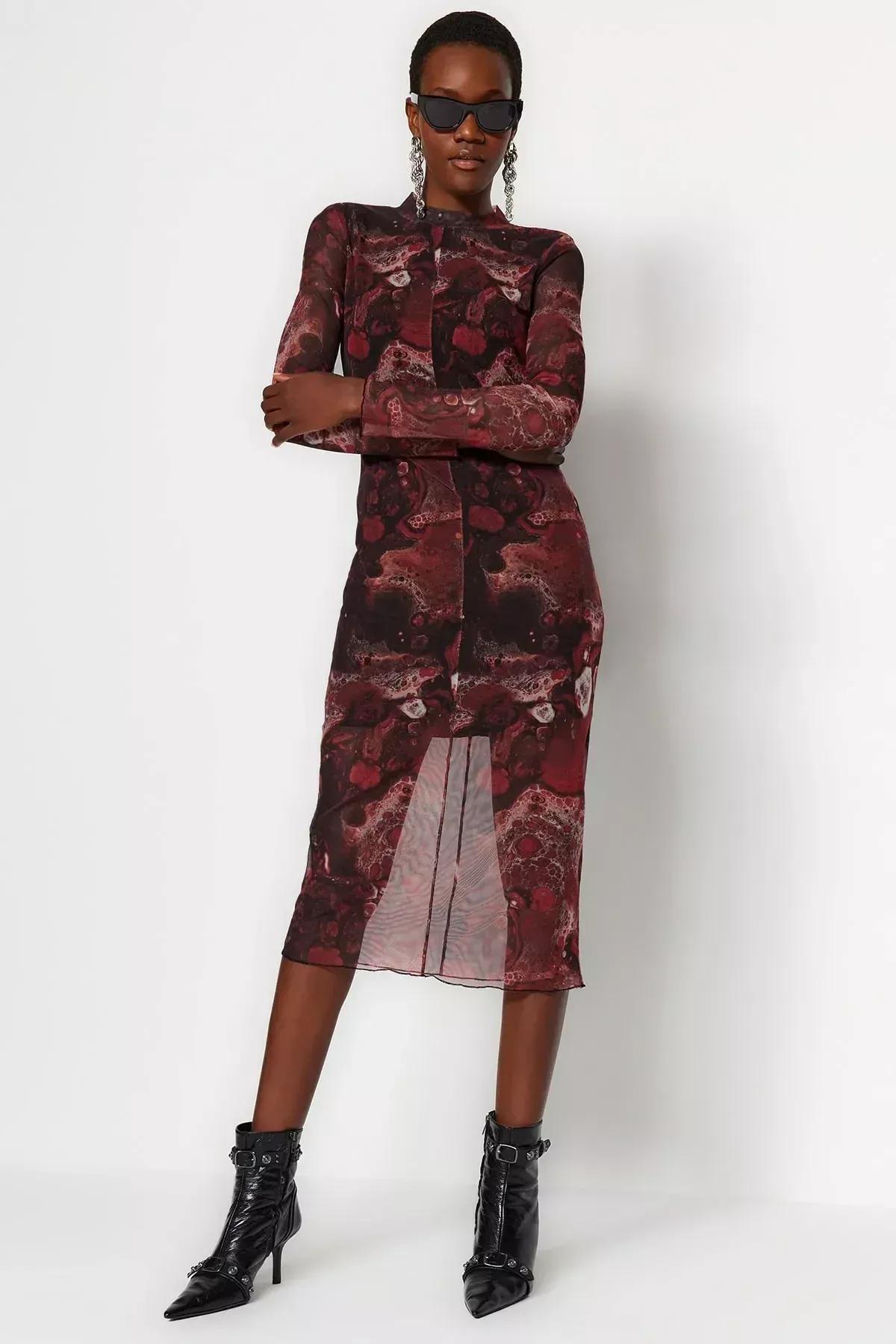Brown Printed Knitted Midi Dress, Brown, large image number 6