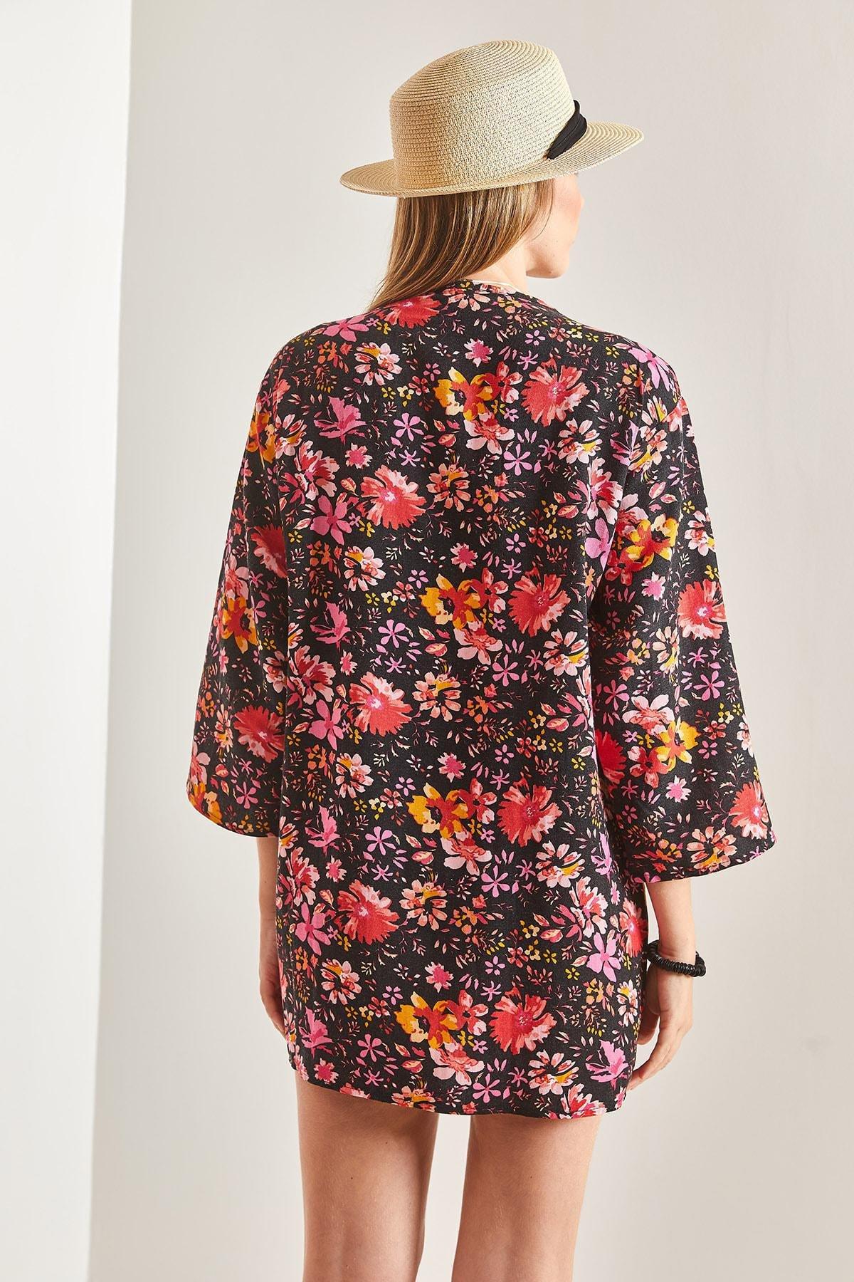 Black Multi-Patterned Linen Kimono, , large image number 1