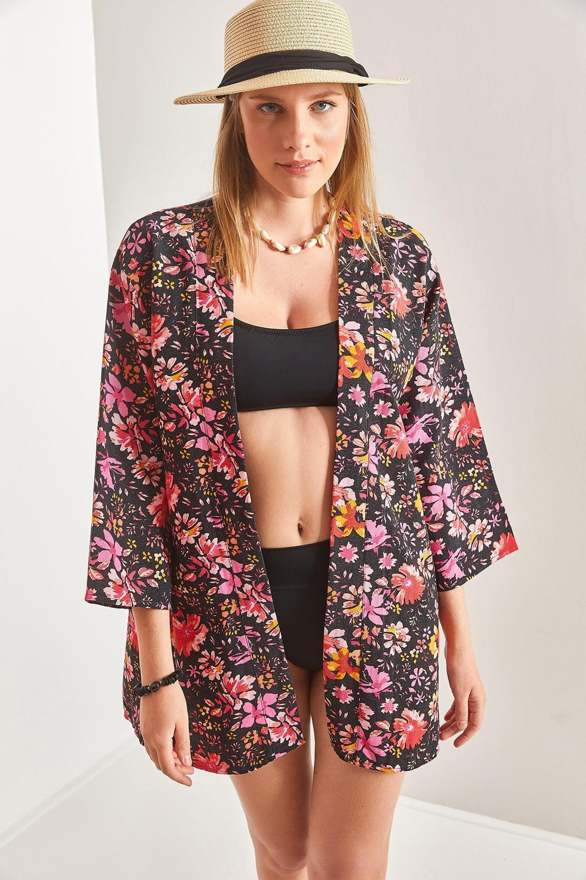 Black Multi-Patterned Linen Kimono, , large image number 2