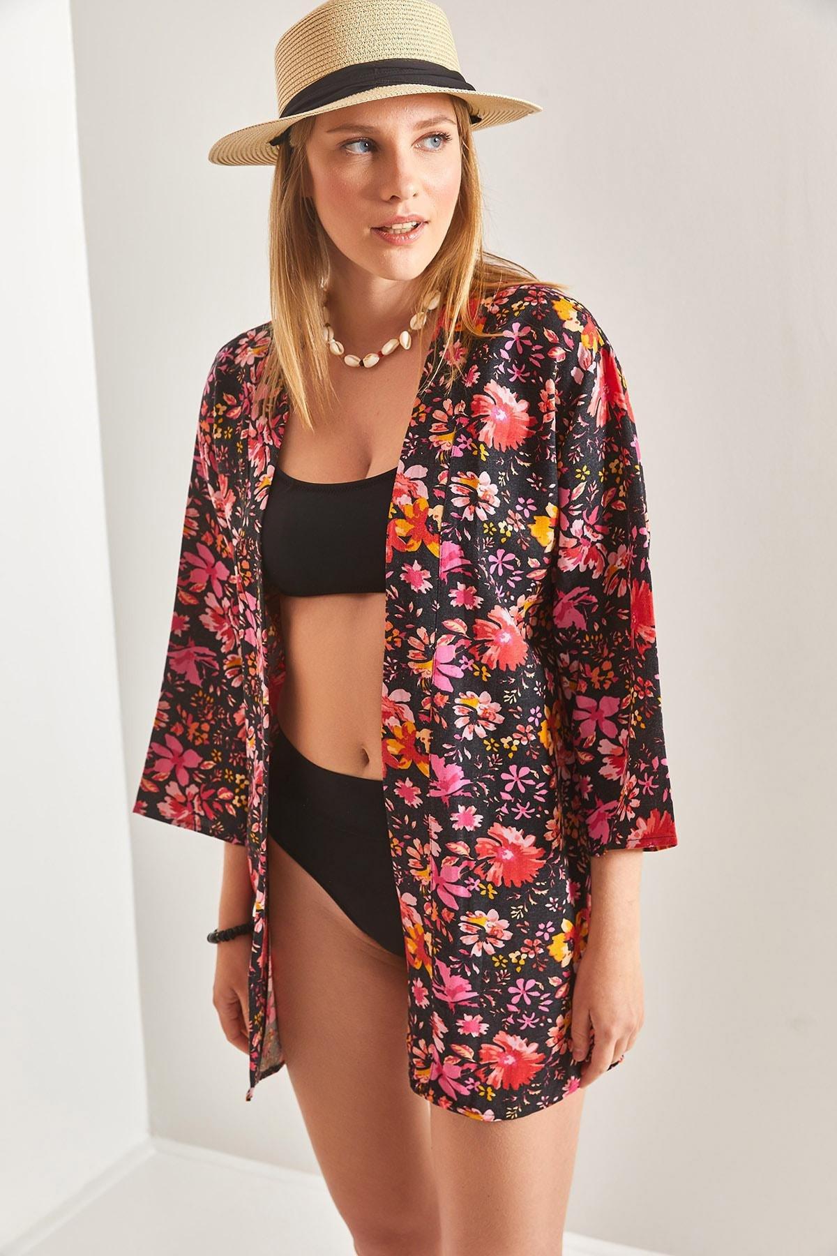 Black Multi-Patterned Linen Kimono, , large image number 3