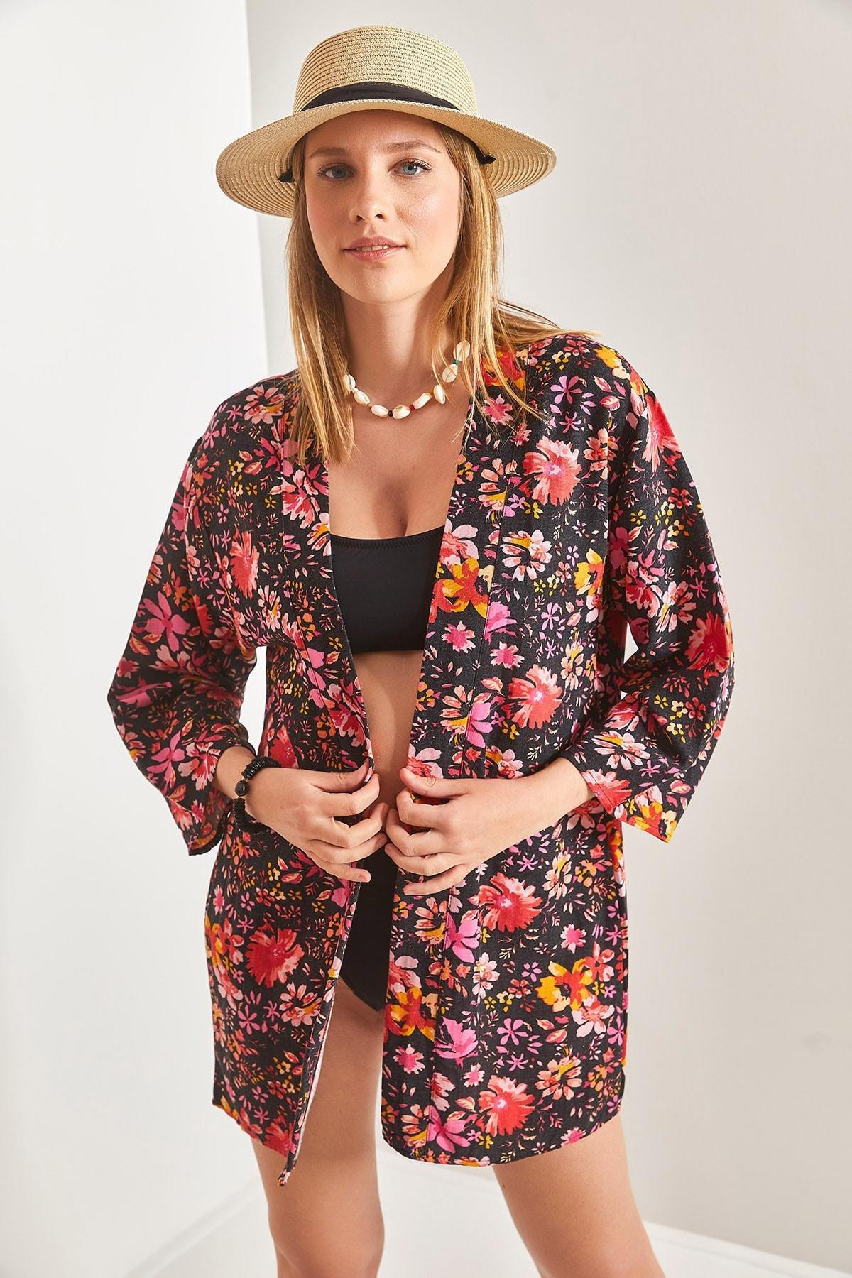 Black Multi-Patterned Linen Kimono, , large image number 4